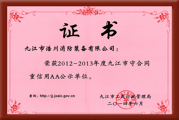 2012-2013年度九江市守合同重信用AA单位